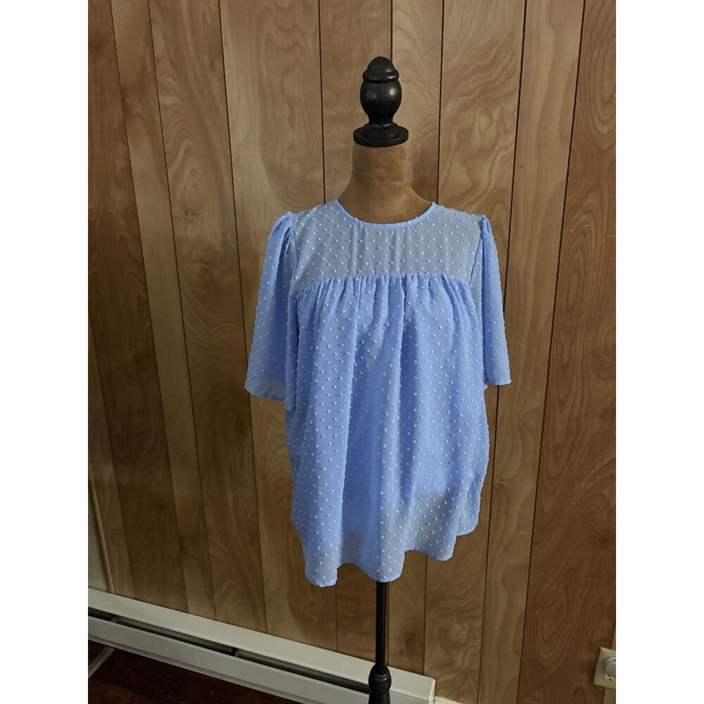 Zenana Women's Blue Polka Dot Babydoll Top Size Small Short Sleeve
